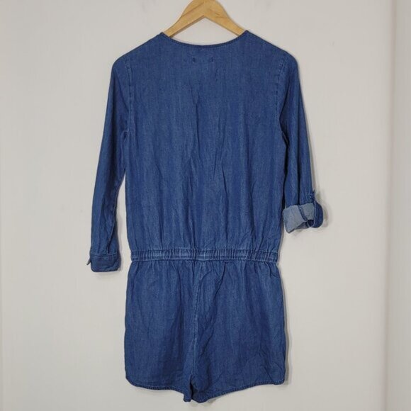 GAP Women's Blue 100% Cotton Drawstring Waist Roll Tab Long Sleeve Romper Sz XS - Picture 2 of 13
